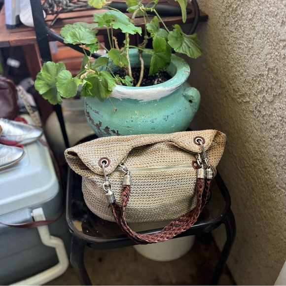 The Sak Shoulder Bag Double Woven Removable Leather Handles Tan Stripe Crochet - Picture 3 of 6